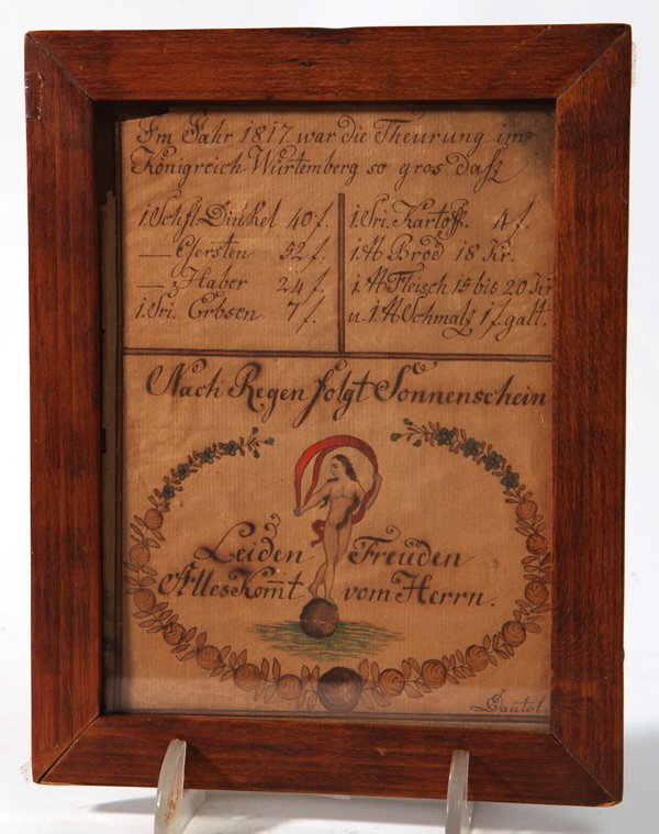 PENNSYLVANIA DUTCH FRAKTUR: Watercolor on paper, dated 1817 with Ms text in German with nude woman standing atop globe, artist signed lower right corner “Dantel”, 5.5 x 7.25” in period frame, 7 x 8.75”.