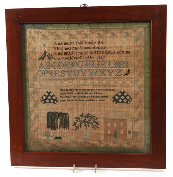 LARGE 1831 NEEDLEWORK SAMPLER: With wonderful two story house with weeping willow, urn on plinth, fence, flowering bush and urn with flowers in yard, two large flower baskets above, chain of strawberries border with two alphabets a