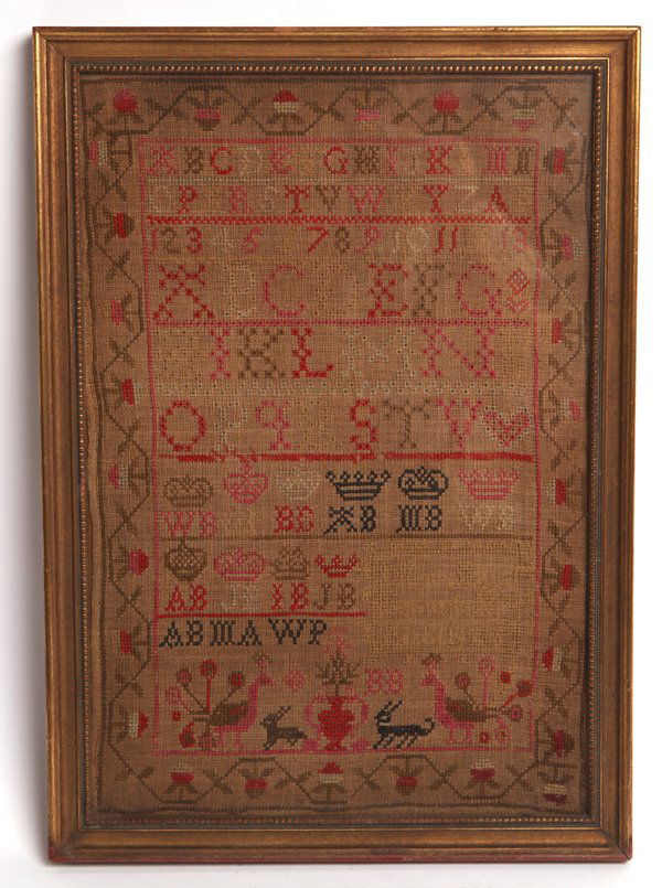 1820 SAMPLER W/RABBITS & PEACOCKS: Polychrome silk on linen with chain strawberries border. Top with upper case alphabet over 1-13 numbers over 2nd but larger upper case alphabet, over two rows of crowns with different paired initials