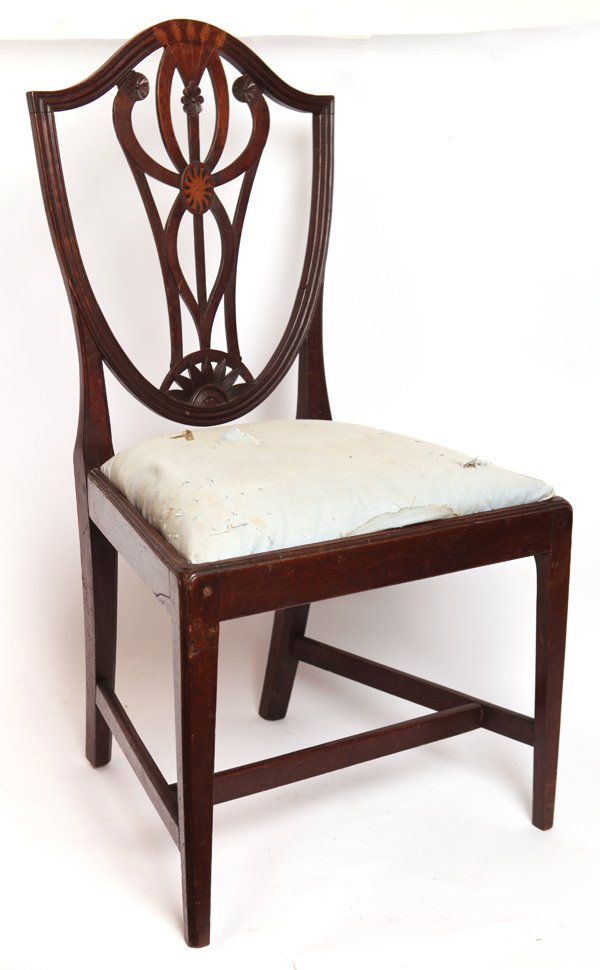 PERIOD AMERICAN INLAID MAHOGANY SHIELD BACK CHAIR: Side chair with nicely carved shield back with sand burned satin wood floral inlaid ribbon work splat with nice floral carvings at top and bottom, square tapered legs, “H” stretcher and mortised a
