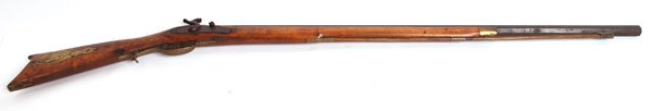 FINE PERCUSSION HALF STOCK RIFLE: Unmarked with 38.2” octagonal circa .50 caliber barrel, maple stock, brass back plate, butt plate patch box in right side of stock, end cap, trigger guard, three ram trod sleeves and front sight. St