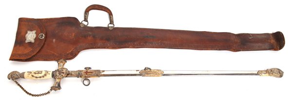 FINE KNIGHTS HELM LODGE SWORD: Likely Knights of Columbus or Masonic in silver finish with 28” acid etched double edged blade marked “The/Pettybone/Bros./MFG. Co./Cinti. O.” on ricasso with Crusaders on blade. Cast brass bar 