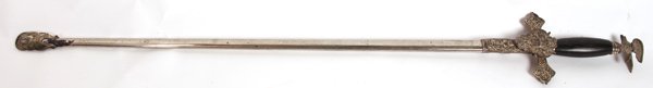 EAGLE POMMEL K OF C LODGE SWORD: Knights of Columbus all in silver finish with 30” double edged steel blade, cast brass bar type guard with all-over stylized floral and drop langet with shield with “K of C”, crossed swords and 