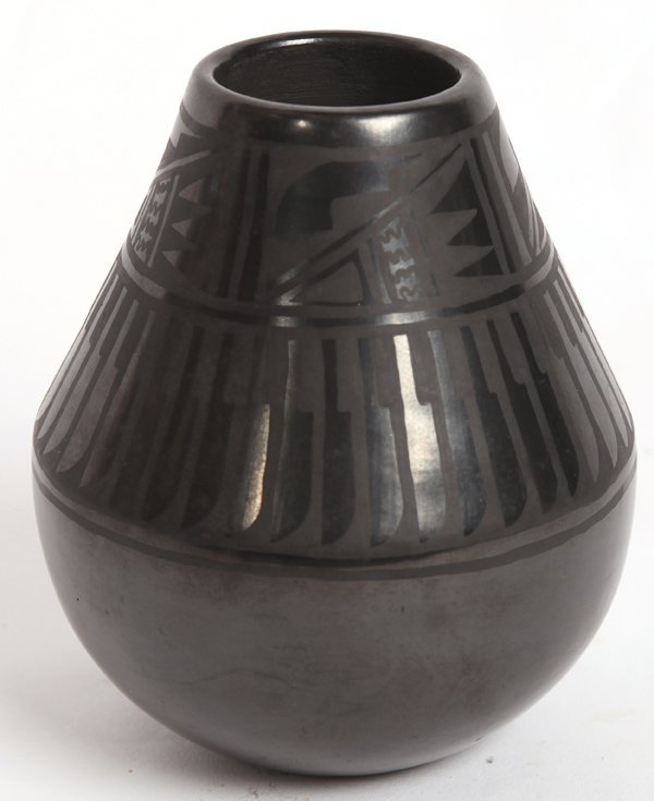 FLORENCE NARONJO SAN ILDEFONSO VASE: Signed on base as above with “1997’, feather design, 4.75” diameter x 6” high.