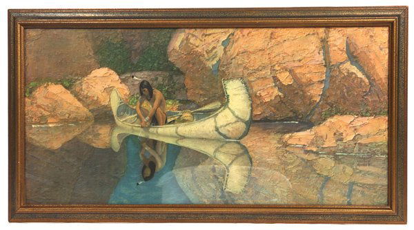 ROBERT W. AMICK NATIVE AMERICAN PRINT: Chromolithograph of an young Indian warrior in canoe looking at his own reflection, entitled on back “The Phantom Canyon” and two young boys at riverside, sight 14 x 30”, signed in print with li