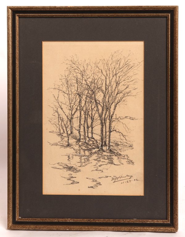 E.T. HURLEY ROOKWOOD ARTIST DRAWING: Framed landscape drawing by Cincinnati artist, E.T. Hurley. Signed and dated "11-23-02" lower right. 11 1/2" x 7 1/2" sight.