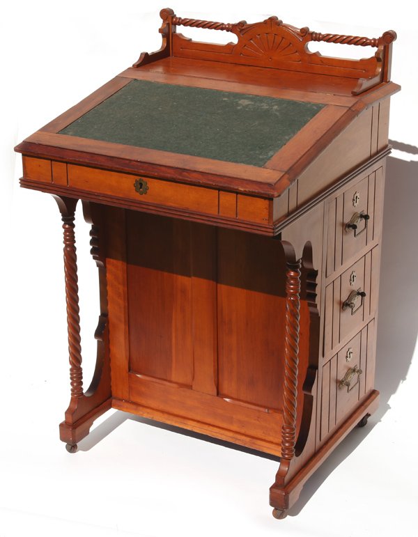 FINE CHERRY VICTORIAN CAPTAINS DESK: Nice example with rope twist gallery, three drawers and rope twist columns in front. Nice interior with two drawers. Circa 1870. 37" high x 23" x 23".
