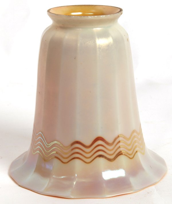 STEUBEN ART GLASS SHADE: Calcite with gold Aurene liner, decorated with 5 gold Aurene wavy lines, hanging lamp type, 5”diameter at bell x 5.25”high.