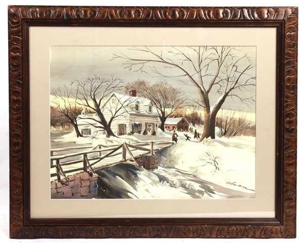 HERBERT VINCENT OLSEN WATERCOLOR: Watercolor of snow scene by listed artist, Herbert Vincent Olsen (Illinois/Connecticut - 1905-1973). 15 1/2" x 20".