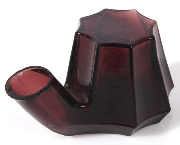 EARLY AMETHYST TEA KETTLE INKWELL: Octagonal tapered form with goose neck aperture, mold blown in deep rich color, 3.5”long x 2”high with ground lip where it was attached to blowing rod.
