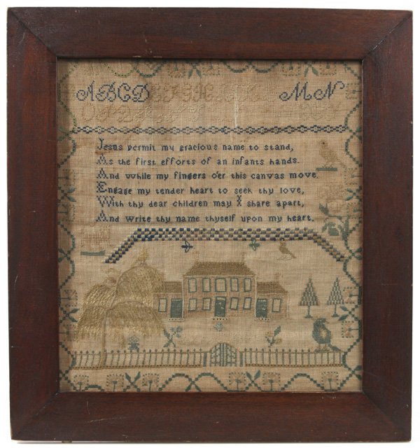 EARLY AMERICAN NEEDLEWORK SAMPLER: This sampler descended in the Rodabush family of Clermont County, Ohio. Decorated with polychrome silk on linen with from top to bottom; alphabet in upper case letters in two lines over “Jesus permi