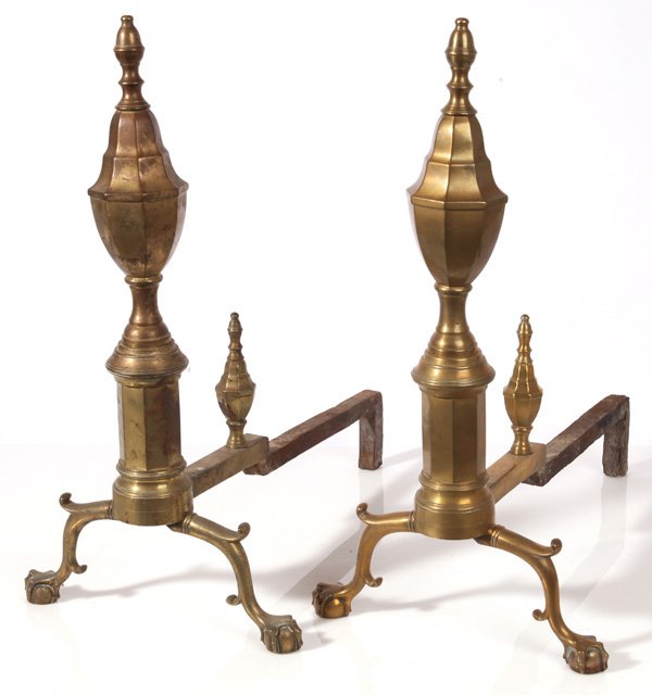PR. PERIOD BRASS CHIPPENDALE ANDIRONS: In Chippendale style with hand wrought and treaded iron parts and finely cast brass with claw and ball feet, circa 1790, unusual large size, 13.5”wide x 24”deep x 26.5”high.