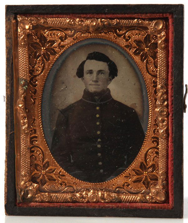 CIVIL WAR PHOTO OHIO 4TH CAVALRY: 9th plate in half case showing a young John Roser wearing a 9 button shell jacket with high collar, light tinting to cheeks. John enlisted at age 19 on Sept. 19, 1861 in Co. E, 4th Ohio Cavalry. assig