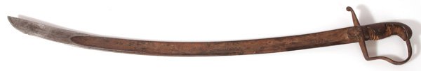 MEXICAN WAR ERA SABER: With 31.7”single edged steel blade with ¾ length fuller, marked on top edge with arsenal numbers, likely European maker, hilt has a cast single piece steel guard/langets, quillion, knuckle bow with