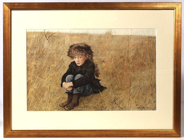 ANDREW WYETH "FARAWAY" COLLOTYPE: From the 1956 Triton Press Portfolio. In gold frame. Signed 13 1/2" x 21 1/2".