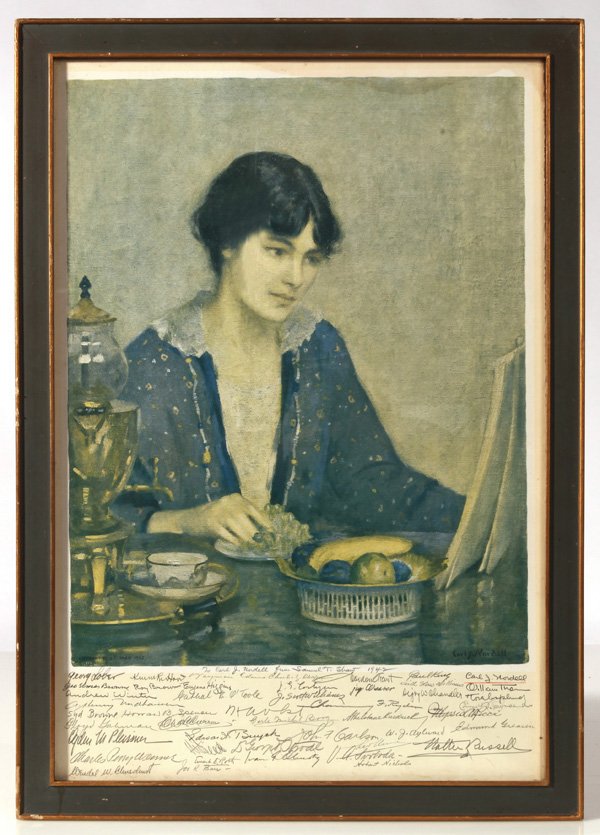 1942 SALMAGUNDI CLUB ARTISTS AUTOGRAPHS: Carl Nordell lithograph printed by S.T. Shaw 1942, with circa 50". Original artists autographs below including "Paul King, Carl Nordell, George Elmer Browne, Ray Brown, Eugene Higgins, Keith Shaw Will