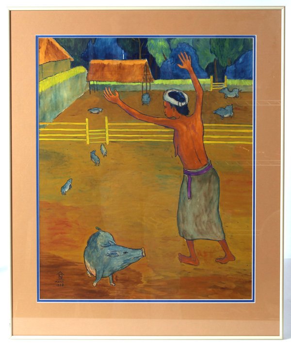 NASHAR (INDONESIA) WATERCOLOR PAINTING: Nashar (Indonesia, 1928-1994) sight 26" x 21" watercolor of women and pigs. Signed and dated "1958" lower left. Provenance: Originally from the estate of Harry E. Hoffman, (1924-2013) He graduated fro