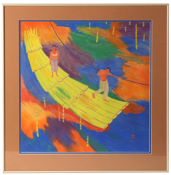 NASHAR (INDONESIA) WATERCOLOR PAINTING: Nashar (Indonesia, 1928-1994) sight 23" x 21 1/2" watercolor painting of river scene. Signed and dated "1960" lower right. Provenance: Originally from the estate of Harry E. Hoffman, (1924-2013) He gr