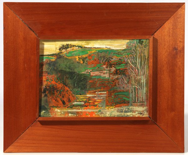 ARIE SMIT (INDONESIA) GOUACHE PAINTING: Arie Smit (Indonesia, 1916--) 7 1/2" x 10 1/4" gouache painting, Titled " Djakarta" on thin card stock. Signed lower right "Arie". Also dated "5/11/52" on backing. Provenance: Originally from the esta