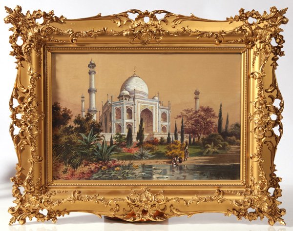 FRIEDRICH PERLBERG (GERMANY) WATERCOLOR PAINTING: Friedrich Perlberg (Germany, 1848-1921) 12" x 18" watercolor. Titled "Taj Mahal in Agra". Signed lower left "F. Perlberg" and titled lower right. In ornate gold frame.