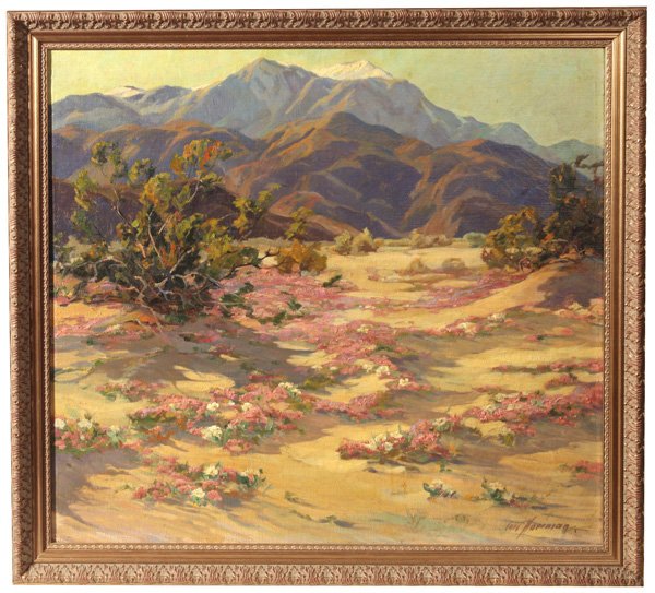 CARL HOERMAN (MICHIGAN/CALIF.) OIL PAINTING: Carl Hoerman (Michigan/California, 1885-1955) 28" x 30 3/4" oil on canvas landscape painting titled on verso "Verbenas and Evening Primrose - Palm Springs, Calif.". Signed lower right "Carl Hoerman". 