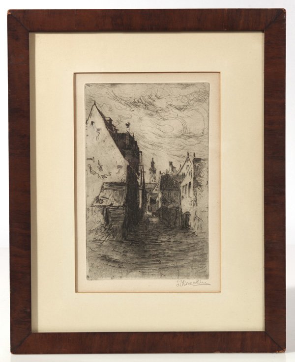 LEWIS HENRY MEAKIN (OHIO) ETCHING: Lewis Henry Meakin (Cincinnati, Ohio, 1850-1917) sight 10" x 6 1/2" etching of old world village scene. Signed "L.H. Meakin" in pencil lower right.