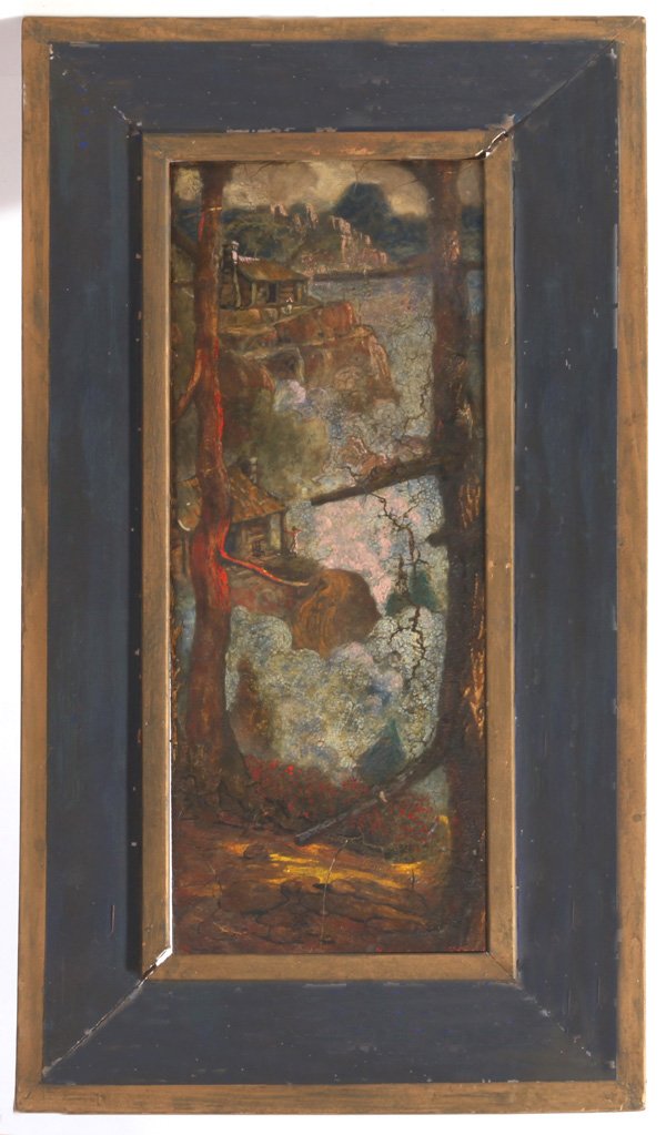 GEORGE SNOW HILL (FLORIDA) OIL ON BOARD: George Snow Hill (Florida, 1898-1969) 22" x 8 1/2" oil on board of houses in the trees. Signed "George Hill" lower right.