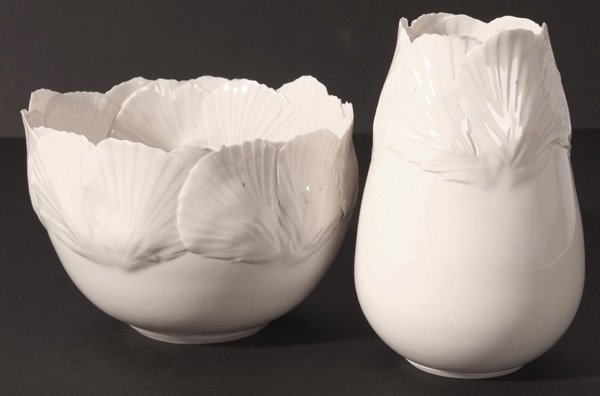CAROL JEANNE ABRAHAM PORCELAIN LEAF BOWLS: Mid-century vase and bowl. Both signed "Abraham" and dated "82". Bowl is 5" high and vase is 7 1/2" high.