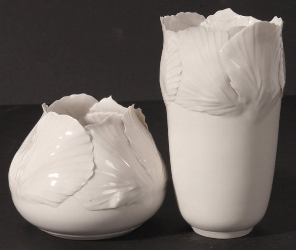 CAROL JEANNE ABRAHAM PORCELAIN LEAF BOWLS: Two mid-century modern vase. Signed "Abraham" and dated "82". Vases are 6 1/4" high and 4" high.