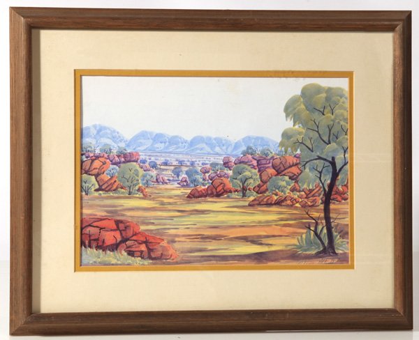 CLEM ABBOTT (AUSTRALIAN) WATERCOLOR: Clem Abbott (Australian, 1939-1989) sight 9 1/2" x 13 1/4" watercolor on paper of Australian Outback. Signed lower right "Clem Abbott". Born in 1939, Clem Abbott was a member of the Hermansburg School