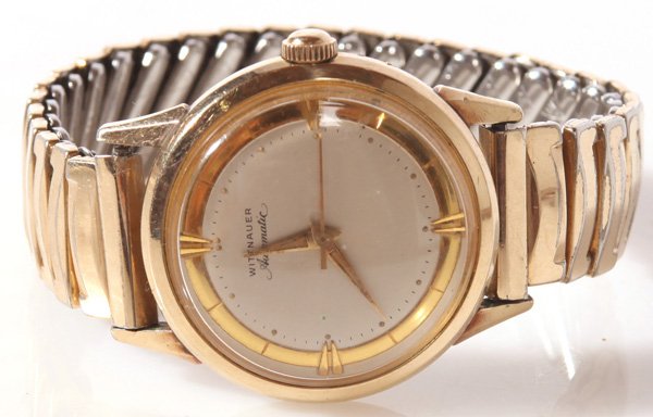 WITTNAUER AUTOMATIC WRIST WATCH: in 10k gold filled front/stainless screw-back case. Fancy original dial with gold mirror minute track, caliber 11ARG movement.