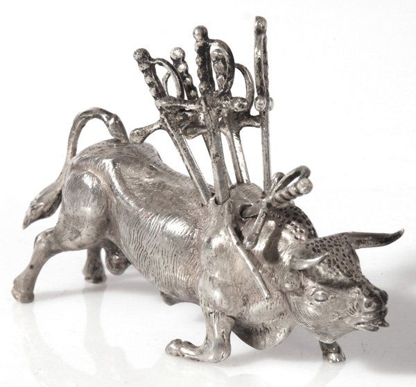 FIGURAL SILVER COCKTAIL OLIVE SPEAR HOLDER: In the form of a full figured Spanish bull falling to his knees with six Matadors sword in his back and three picador spears. The swords are all removable and are olive spears for your cocktail drink,