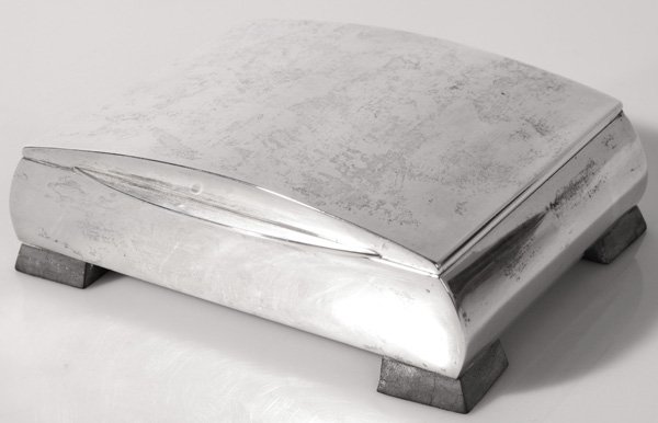 EUROPEAN DECO SILVER BOX: With hallmarked on underside of lid, likely German, gilt interior with ebony feet and wood liner, circa 1930, 5 x 6.5 x 2.25”high, 14.20 troy ozt, without liner.