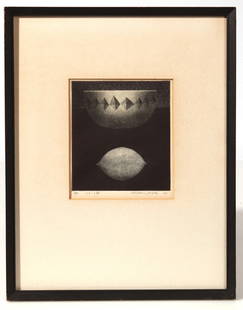 NOBUO SATOH (JAPANESE) ETCHING: Nobuo Satoh (Japanese, 1926--) sight 6 7/8" x 5 3/4" etching. Titled "Bowl with Lemon". Signed and dated in pencil lower right "Nobuo Sato '66", lower left in pencil "EP" and Japanese characters. Born
