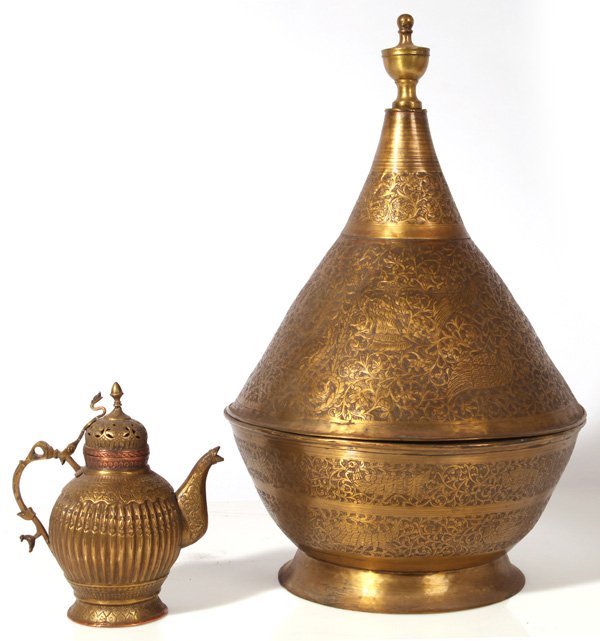 TWO MIDDLE EASTERN METALWARE PCS.: Both finely hand made and circa 1920, including a nice covered dish all hand engraved with peafowl and floral, 13.7 x 22”high; and a teapot in copper and brass with stop ribbed body, domed lid with 