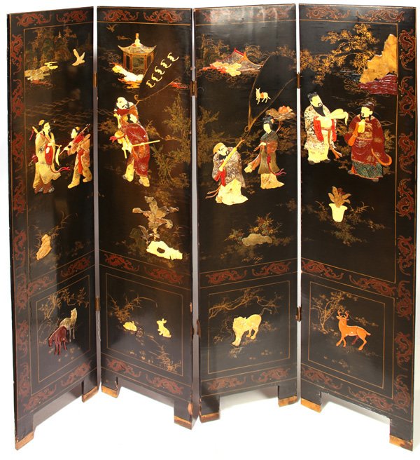 CHINESE 4-PANEL ROOM SCREEN: With black and red lacquered ground with carved hardstone and ivory figures. Each of the panels has two scenes with larger upper scene with Chinese figures in landscapes with faces, arms and legs in c