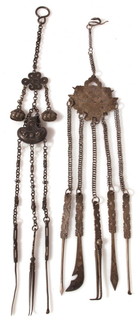 TWO CHINESE SILVER OPIUM CHATELAINES: One with three tools and second with five tools, both with belt clip or ring, 13.5”& 13”long, mid 19th century, 2.10 and 1.75 troy ozt.