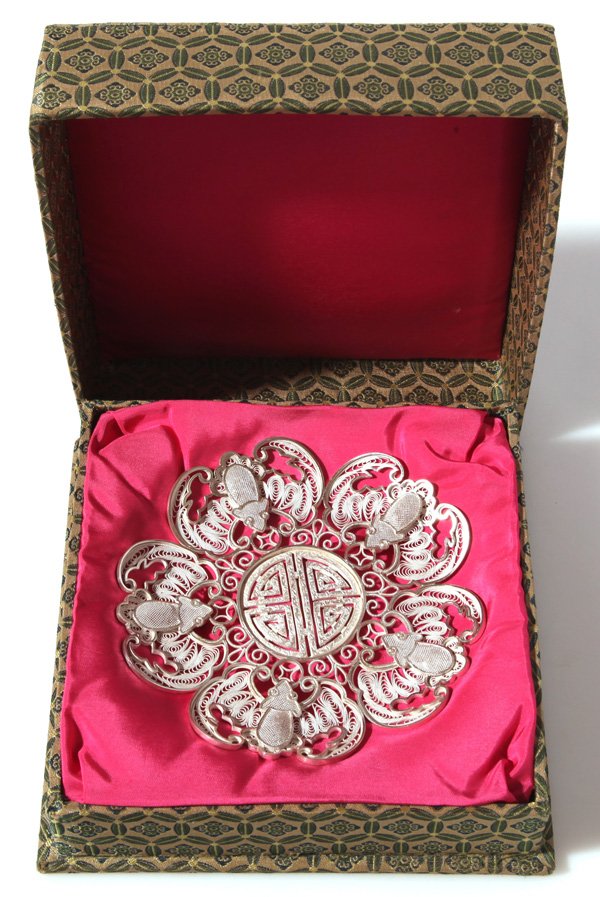 CHINESE SILVER FILIGREE SALVER: Beautiful hand made with 5 spread winged bats forming rim, 5.25”diameter and marked “silver” on one of the three ball feet, total weight 3.05 troy ozt. Mounted in a fitted silk covered wooden bo
