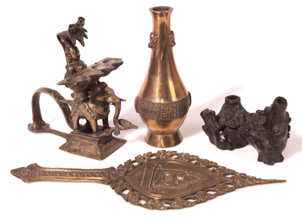 ASIAN METAL WORK: Lot of four, including a Tibetan bronze figural hand mirror, 10.75”long; plus Meiji period bronze pen holder in the form of a tree stump covered in flowers in fine dark brown patina, 4 x2 x 3”high