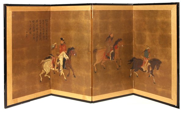 CHINESE PAINTED DRESSING SCREEN: Four panels, circa late 19th century with painted scene of four mounted men on matt gold ground, set in lacquers wood frame with engraved brass hinges and back with light blue silk, 70”long x 36”h