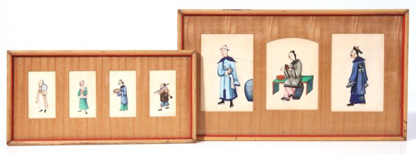 CHINESE SILK EMBROIDERED FIGURES C: Two framed groups of 3 & 4, all hand embroidery with painted faces, hands and legs, each showing a different type of Chinese character from working peasant to nobility, all on hand made paper, matted 
