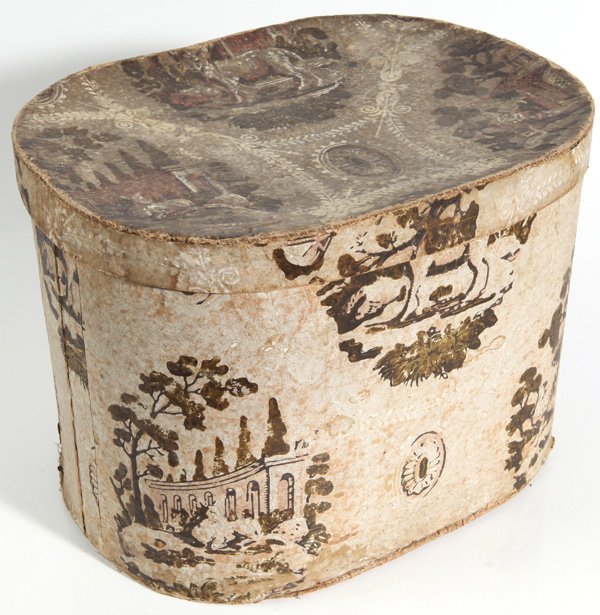 LARGE 19TH CENTURY WALLPAPER BOX: Outside decorated with animals and architectural elements. Inside with 1820 The Salesman newspaper. 17 1/4" x 13 3/8" x 12 1/2" high.