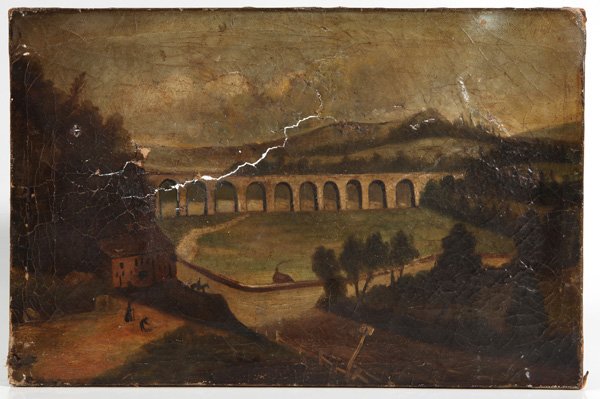 EARLY FOLK ART PAINTING OF B&O RAILROAD VIADUCT: Oil on canvas landscape with train trestle and farmhouse with man on horseback and others in foreground. Probably the famous Thomas Viaduct in Elkridge, Md. Circa 1840. 17 3/4" x 12".