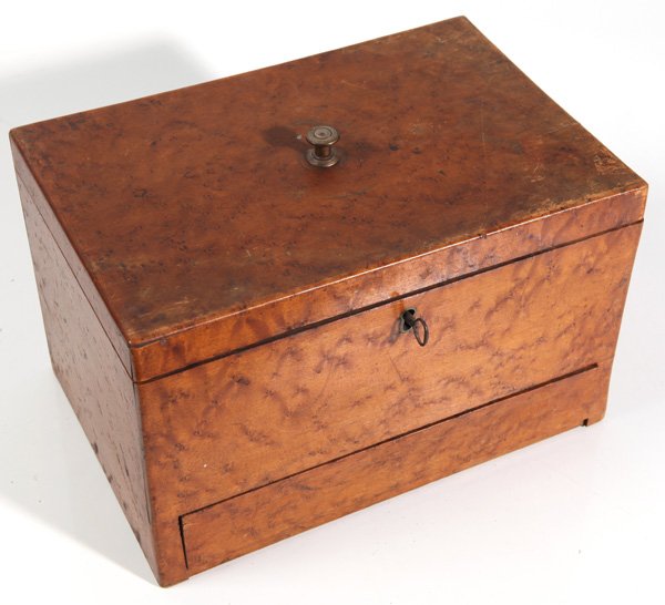 19TH CENTURY BIRDSEYE MAPLE SEWING BOX: Beautiful figured maple box with dovetailed constructed drawer and divided interior. 12 1/4" long x 8 1/4" deep x 7 1/2" high.