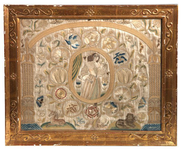 LG. EARLY NEEDLEWORK ON SILK: Of lady in center surrounded by florals and animals, with heavy embroidery columns and arch. A lovely late 18th early 19th Century needlework. Frame 21 1/2" high x 24 1/2" wide.