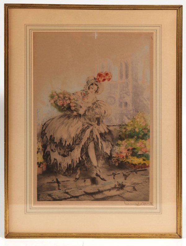 LOUIS ICART "MUSETTE" ETCHING & AQUATINT: Lovely work with areas of hand coloring. Signed in pencil, also has artist blind stamp. Copyrighted and dated 1927 upper right corner. 21" x 14". Appears to be original frame.