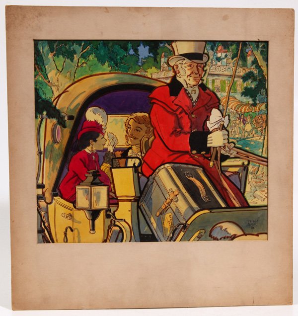 HAROLD G. BREUL, PROVIDENCE ILLUSTRATION ART: Detailed watercolor of couple in carriage. Signed lower right "32. Harold Guenther Breul (1889 - 1965, Providence, R.I.). Mr. Breul studied under Henry McCarter. His specialties were horses and coachi