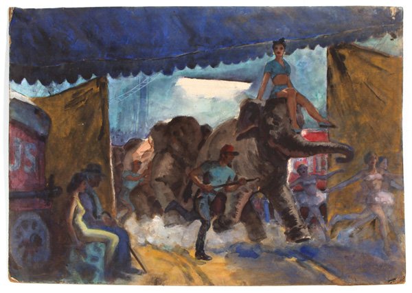 HAROLD G. BREUL WATERCOLOR OF CIRCUS SCENE: Large circus scene watercolor on board of acrobat riding elephant. Harold Guenther Breul (1889 - 1965, Providence, R.I.). Mr. Breul studied under Henry McCarter. His specialties were horses and coachi