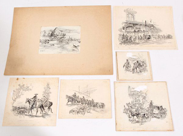 SIX HAROLD G. BREUL PEN & INK DRAWINGS: Various carriage and horse scenes. Largest 9 x 11. Harold Guenther Breul (1889 - 1965, Providence, R.I.). Mr. Breul studied under Henry McCarter. His specialties were horses and coaching scenes. His w