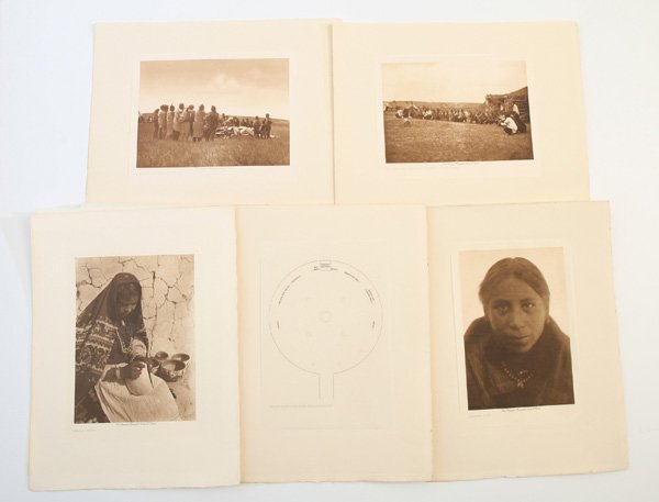 4 EDWARD CURTIS PHOTOGRAVURES OF AMERICAN INDIANS: Includes 3 original work on Japanese Tissue paper mounted on Holland watermarked paper with Copyright of 1908, entitled “Blessing the Children-Arikara”; “Arikara Corn Ceremony-Bearing Out the Os